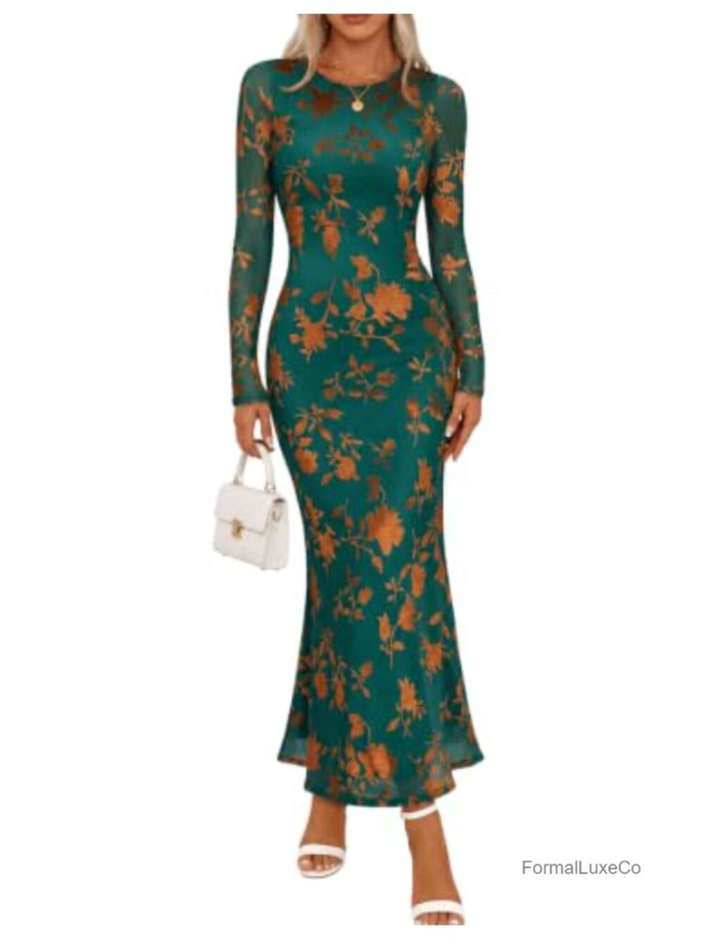 Women's Velvet Floral Bodycon Maxi Dress Long Sleeve Wedding Guest